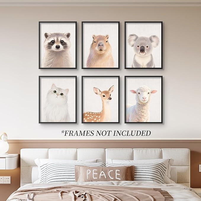Baby Safari Nursery Wall Decor - Picture Cute Animal Wall Prints on Canvas, Under 20 Dollars Gifts for Baby Boys & Girls Room, UNFRAMED Wall Art Set of 6-12" x 16"