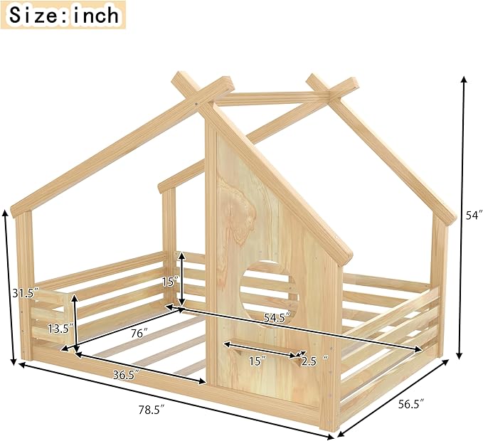 Polibi Full Size Floor Bed with House-Shaped Roof,Window and a Small Shelf, Solid Wood Low Profile Floor Bed for Kids, No Box Spring, Natural