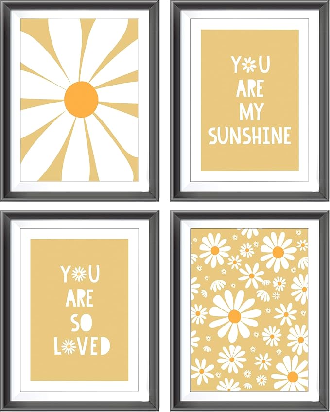 AEHIE Boho Yellow Daisy Flower Decor Wall Art Print, You Are My Sunshine Poster Prints for Baby Girls Room Nursery Decor, Spring Aesthetic Floral Wall Art Print for Home, 4pcs 12x16inch