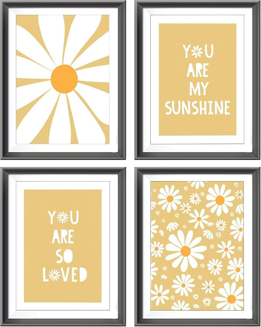 AEHIE Boho Yellow Daisy Flower Decor Wall Art Print, You Are My Sunshine Poster Prints for Baby Girls Room Nursery Decor, Spring Aesthetic Floral Wall Art Print for Home, 4pcs 12x16inch