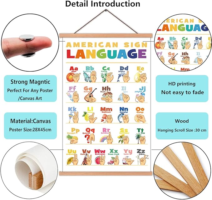 KAIRNE American Sign Language Poster With Wood Magnetic Hanger Framed(11X17.7inch),Alphabet Learning Decor With Common Words ABC Chart Wall art for Toddlers Kids Room Classroom Playroom Decor