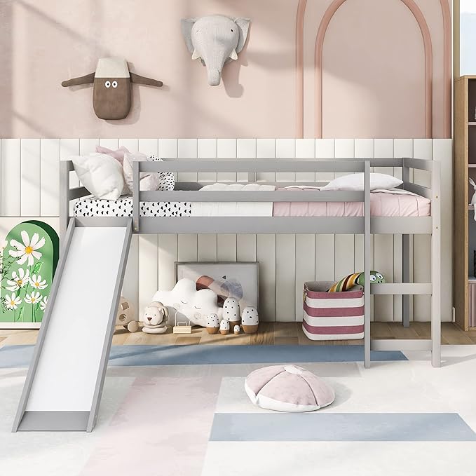 Loft Twin Bed Frame for Boys Girls Kids Toddler with Slide, Multifunctional Design, Twin (Gray)