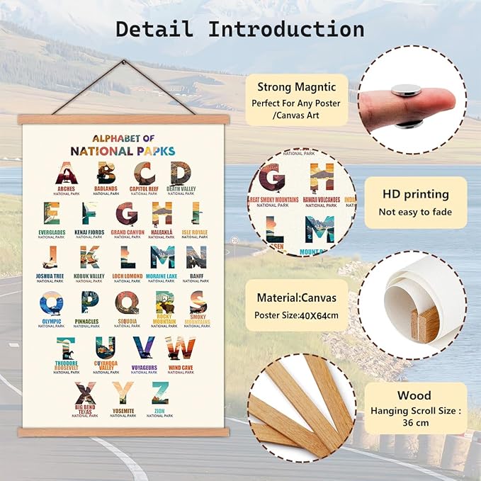 KAIRNE National Parks ABC Poster,Nature Scenery Alphabet Canvas Wall Art Print,Travel Themed Wall Decor with Wood Magnetic Poster Hanging Frame(15.7X25inch)Alphabet of National Parks for Traveler Room Decor