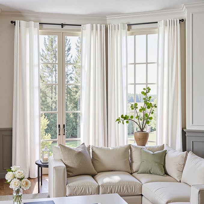 jinchan Linen Curtains 50W x 90L Inch Off White for Living Room Farmhouse Curtains Clip Rings Back Tab Rod Pocket Drapes 4-Panel Set