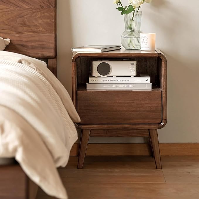 100% Solid Walnut Nightstand with Drawer, Mid-Century Nightstand with Open Storage, Wood Bedside Table for Bedroom,(19.68" H)