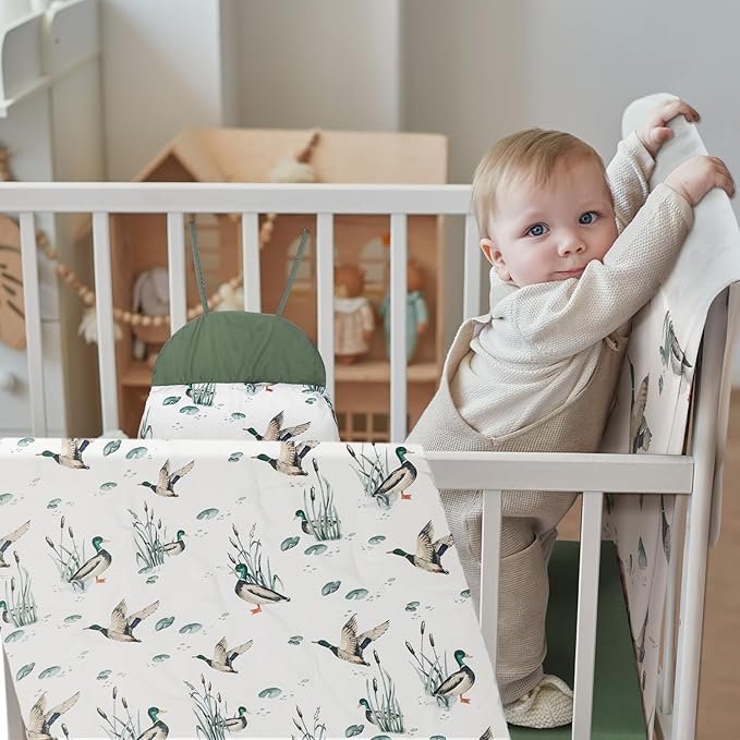 Oudain 4 Piece Mallard Duck Crib Bedding Set Including Mallard Duck Crib Skirt, Blanket, Crib Sheet and Diaper Stacker, Soft Neutral Nursery Standard Size Baby Bedding for Baby Girls and Boys
