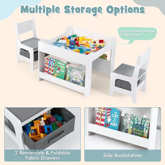 Costzon 4 in 1 Kids Table and Chairs, Wooden Toddler Activity Desk Set w/Reversible Graffiti & Building Blocks Tabletop, Storage Drawers and Bookshelves for Drawing, Reading, Crafts (Gray)