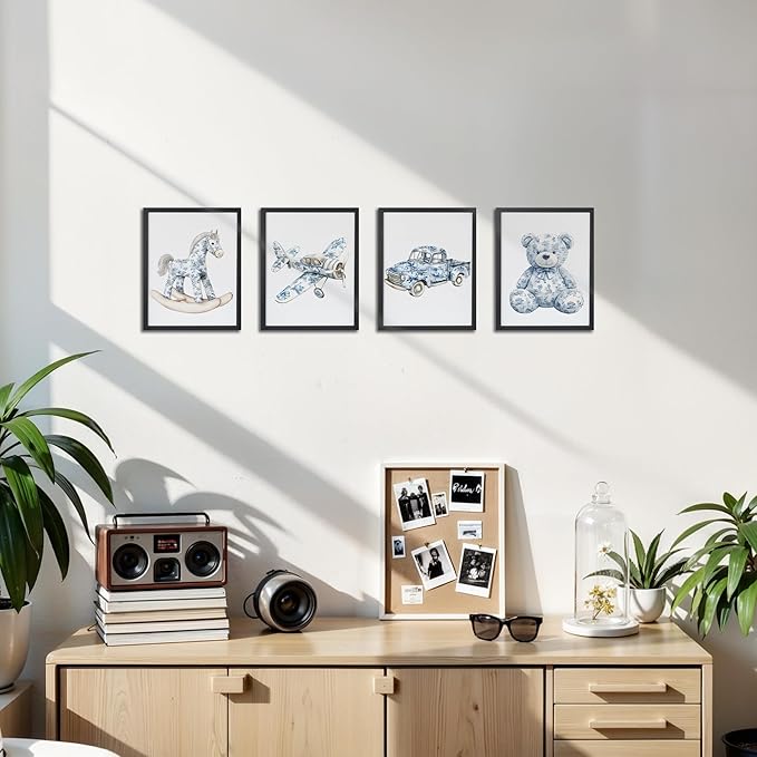 OFJE Chinoiserie Nursery Wall Art Decor Prints Set of 4, Grandmillenial Toy Horse Airplane Bear Truck Wall Art Posters Decor for Kids Girls Boys Room Playroom Bedroom, 8x10 Unframed