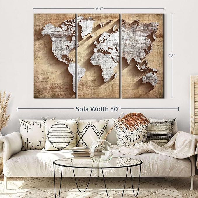 ElephantStock Dimensional World Map II Multi Piece Canvas - 3 Piece Canvas World Map Wall Decor - Wall Decor - Ready-to-Hang Print - Vintage Wall Art - 65" X 42"