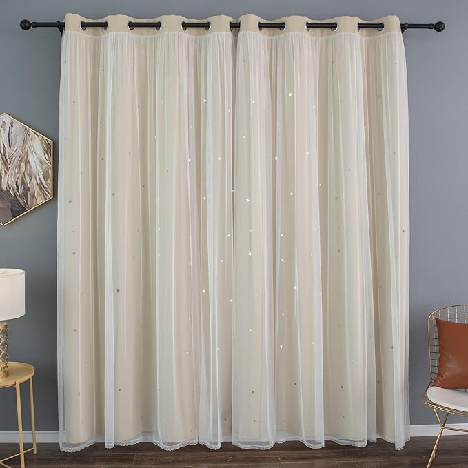 Kinryb Kids Blackout Curtains for Bedroom/Living Room/Classroom, Sheer Overlay Extra Long 2 Panel Set, Double Layer Curtains with Star Cutout for Kids Room(W 52 x L 108 Inches,Beige 2 Pcs)