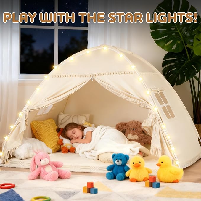 Twin Bunk Bed Tent Canopy for Playhouse, Indoor Portable Foldable Privacy Shelter with Breathable Starry Canopy for Girls & Boys Bedrooms (Twin Beige)