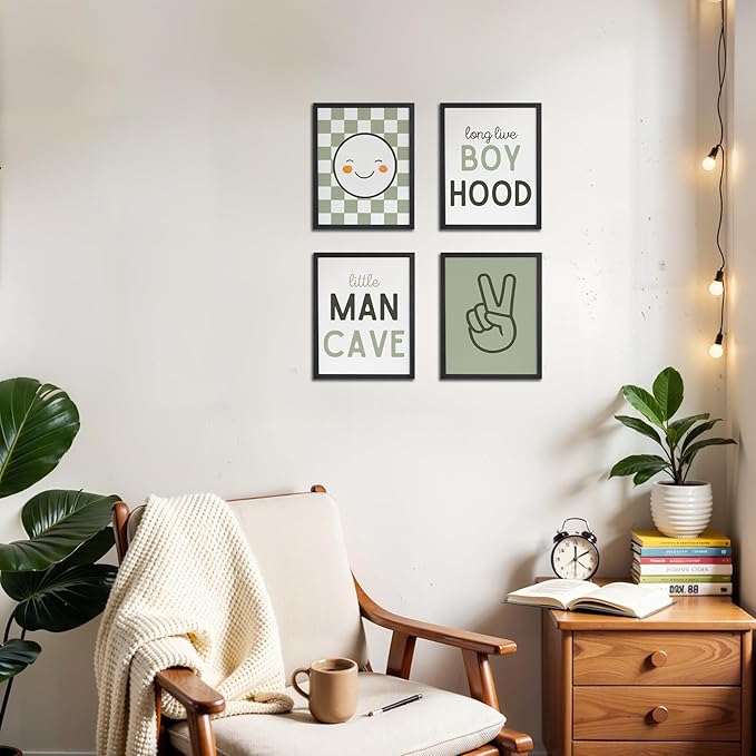 OFJE Sage Green Baby Boy Long Live Boyhood and Little Man Cave Wall Art Prints Set of 4, Baby Boys Posters for Nursery Kids Room Playroom Bedroom Decor, 8x10 Unframed