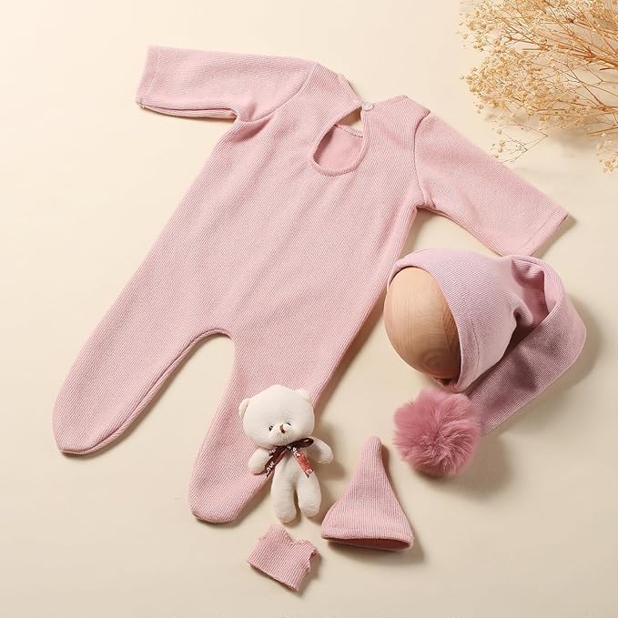 Ylsteed Newborn Photography Outfits - Girls & Boys Photo Shoot Costume Set - Infant Romper & Elf Hat (Pink)