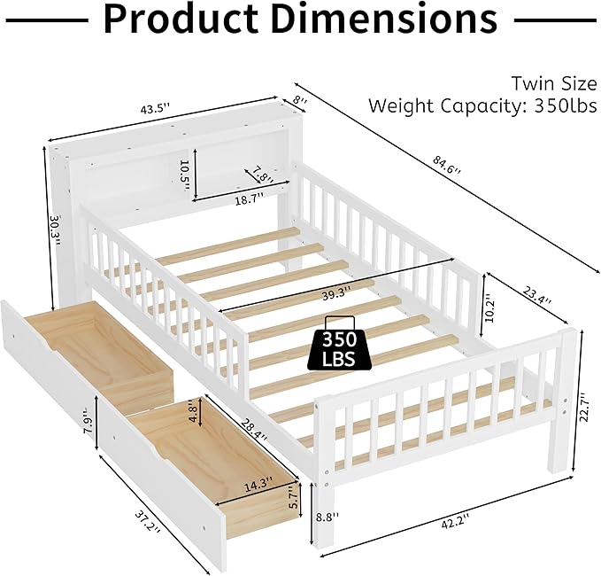 Wood Twin Size Platform Bed with Safety Fence for Kids Boys Girls, Platform Bed Frame with Practical Headboard and 2 Under-Bed Drawers, Sturdy Slats Support (White-3.15)