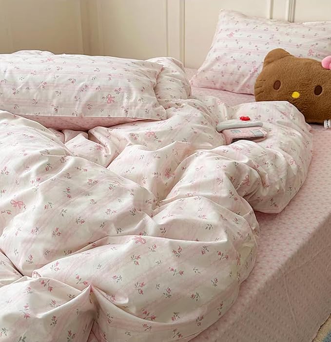 Striped Duvet Cover Queen Size Pink Floral On White Bedding Set with Bow Pattern 3 Pieces Kids Boys Girls Cute Bowknot Reversible Princess Style Soft Duvet Cover Set with Zipper Closure