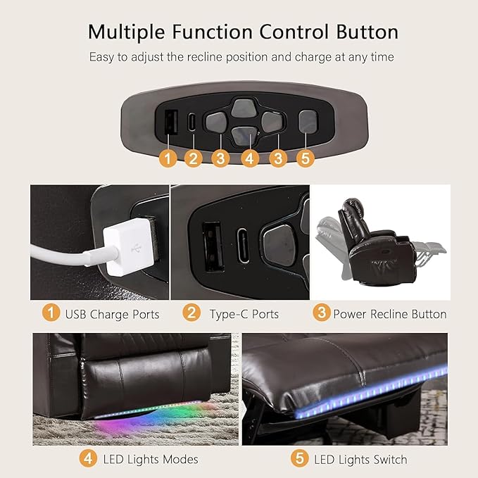 Power Swivel Rocker Recliner Chair with Vibration Massage, 270° Swivel & LED Lights, Electric Glider Reclining Sofa, USB A/C Ports & Storage Pocket for Living Room (1, Brown)