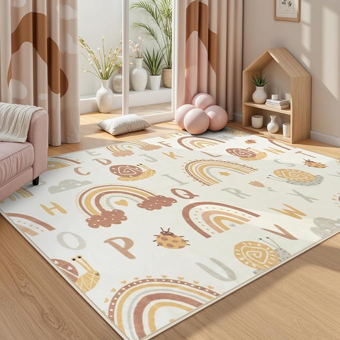 LIVEBOX Kids Rainbow ABC Alphabet Bedroom Rug 5x7, Washable Playroom Rug for Girls,Non Slip Soft Cute Kids Room Carpet Mat (Orange)