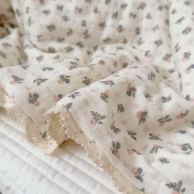 BuLuTu Soft Cotton Soft Kids Comforter for Twin Bed Toddler Bed, Chic Pink Bellflower Print 100% Cotton Muslin Quilted Blanket for Girls Boys Toddler Children, Machine Wash, 60x78 Inches