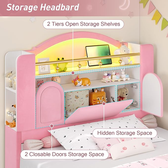 Twin Bed Frames with Storage Headboard,Twin Size Platform Bed for Girls/Kids,Velvet Upholstered Princess Bed Frame Twin,Charging Station&LED Lights,No Box Spring Needed/Noise-Free/Easy Assembly,Pink