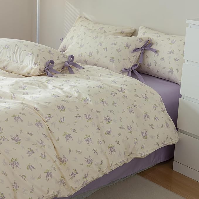HighBuy Garden Floral Duvet Cover Twin with 2 Bowknot Bow Tie Pillowcases Coquette Aesthetic Comforter Cover Soft Cotton Botanical Boho Duvet Cover with Purple Flowers Country Style Bedding Set