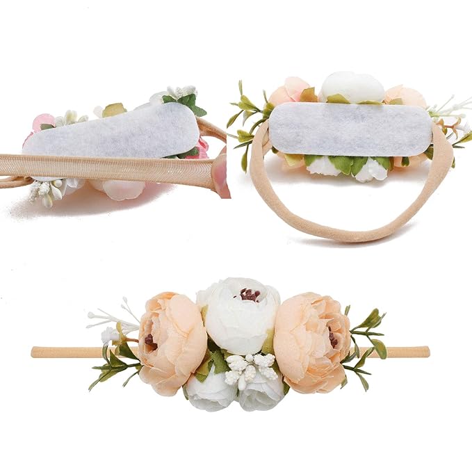 Baby Girl Floral Headbands- 3pcs Nylon Headband Handmade Flower Crown Elastic Hairband Newborn Toddler Hair Accessories Gifts for Girls （1-6 years old）