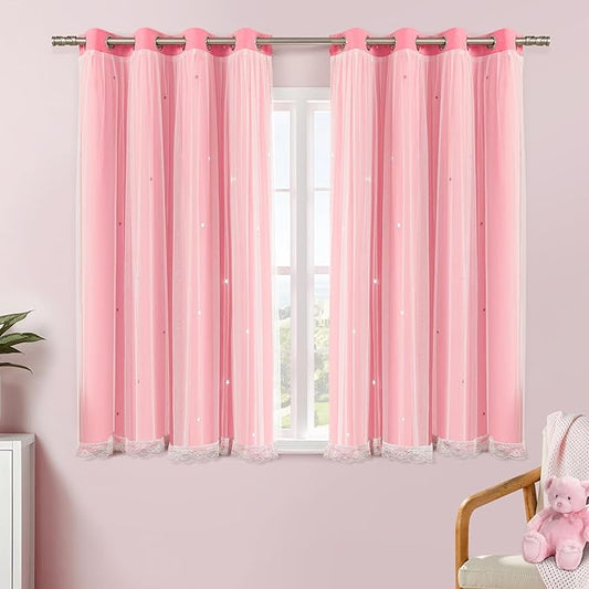 XiDi Pink Curtains for Girls Bedroom 54 Inches Long 2 Panels Blackout Double Layer Curtains with Sheer Overlay for Kids Princess Nursery Room Star Cut Out Home Decor Grommet Window Drapes W52 X L54