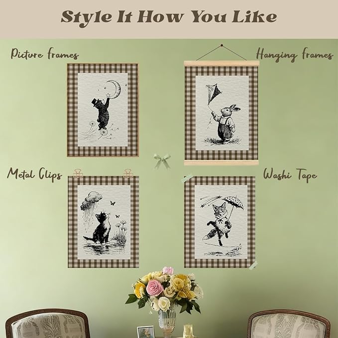 IORAFOUDUO Vintage Cute Animal Nursery Wall Art Decor Prints Unframed Set of 4, Vintage Baby Girl Boy Nursery Decor, Fairytale Cat Bunny Fox Bear Wall Decor for Kids Toddler Room Bedroom Playroom 8x10