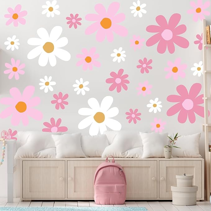 TaoBary 12 Sheets Daisy Wall Decal Flower Wall Sticker Cute Daisy Sticker Pink White Flower Decal Peel and Stick Floral Wallpaper for Nursery Bedroom Home Decor(Pink Color,Vibrant Style)