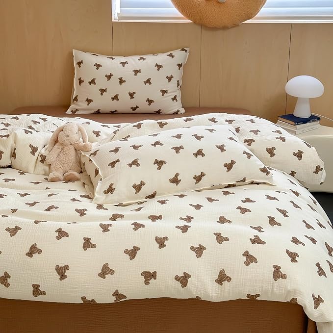 AOJIM 2-Layer Muslin Kids Adults Duvet Cover 1 Piece, Super Soft Cotton Bedding Duvet Cover with Cute Brown Bears Pattern for Girls and Boys, Breathable Durable Comforter Cover 79X90'', Room Decor