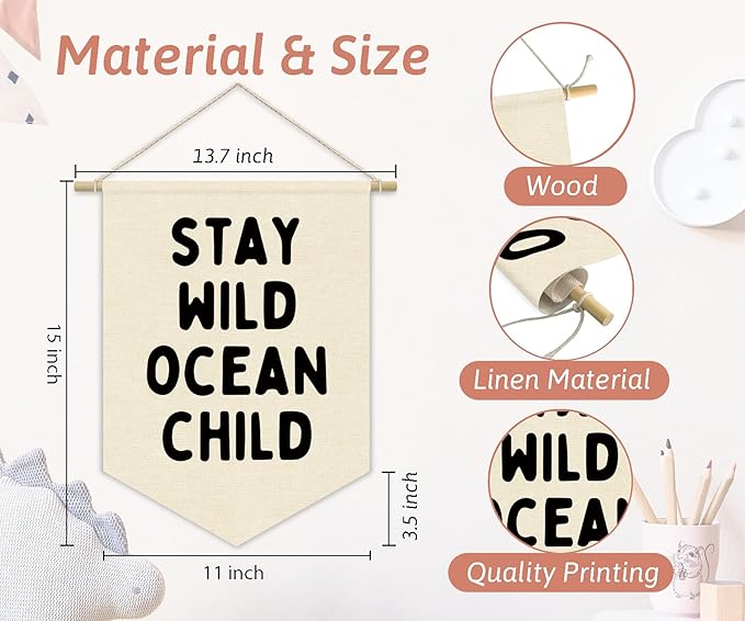 Ocean Nursery Decor, Stay Wild Ocean Child Linen Canvas Banner, Coastal Nautical Nursery Wall Hanging Pennant Flag Banner for Kids Toddler Room Bedroom Playroom Decor, 15x11in