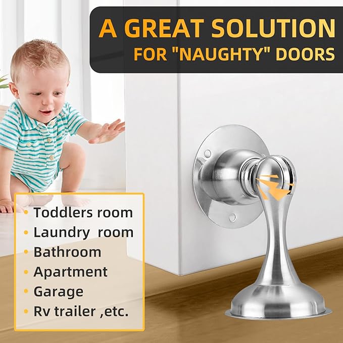 6 Pack Magnetic Door Stop No Drilling Door Stop with 3D Adhesive Tapes Keep Door Open Door Stainless Steel Screws for Stronger Mount (Silver)