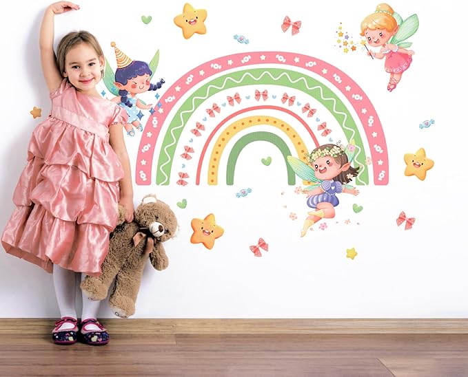 Tanlaby Large Rainbow Fairy Wall Stickers Elf Stars Wall Decals Peel and Stick Wall Art Sticker for Girls Bedroom Baby Nursery Kids Playroom Daycare Classroom Decor
