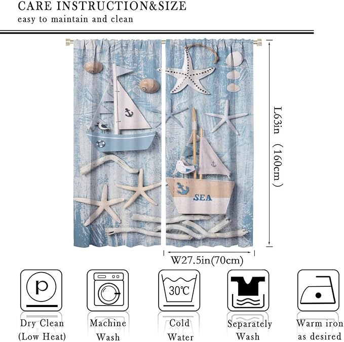 Nautical Curtain,Navy Anchor Sailing Map Starfish Seashells Bedroom Curtain,Waterproof Washable Fabric for Bedroom Decor Set 2 Panels,55x63 Inches
