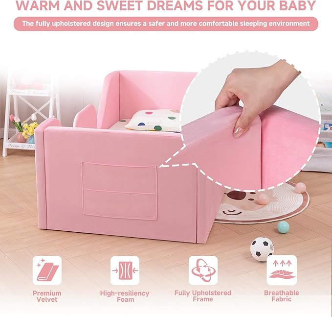 Toddler Floor Bed with Removable Safety Rails and Storage Bag, Kids Bed for Girl and Boys, Standard Crib Size, Safety Upholstered Child Beds, Low to Floor Design