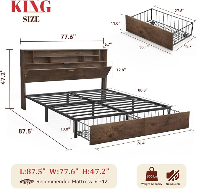 King Bed Frame with Headboard, LED Bed Frmaes with Bookcase Storage and Charging Station, Metal Platform Bed with 2 Storage Drawers, No Box Spring Needed, Brown