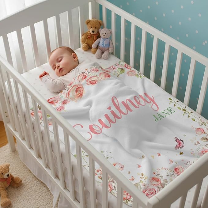 Ship Next Day, Personalized Baby Blanket for Girls- Printed in USA, Custom Baby Blankets with Name Floral Rose Blanket for Infant Newborn Shower(Rose)