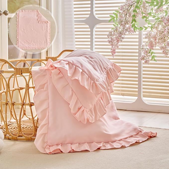 Ruffled Toddler Blanket Ruffle Comforter for Baby Toddler Girls, Soft Cozy Cute Quilted Blanket Breathable Microfiber Comfortable Down Alternative Small Size Quilt with Ruffle - 43"x 60" Light Pink