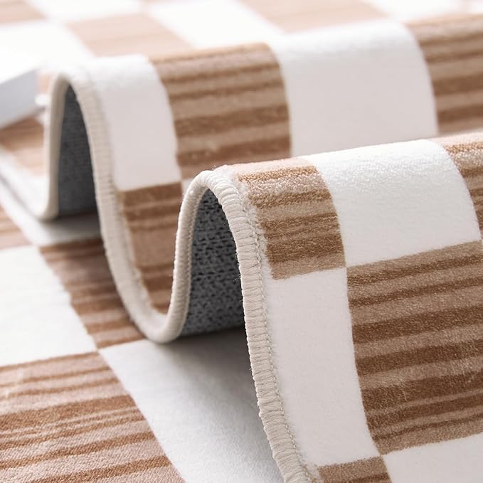 jinchan Runner Rug 2x5 Hallway Washable Modern Checkered Geometric Lattice Kids Bedroom Rug Indoor Floor Cover Non Slip Soft Carpet for Nursery Room Kitchen Laundry Room Home Brown