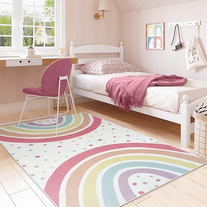 STARUIA Washable Rainbow Rug for Girls Bedroom, Large Area Rug 5x7 Colorful Rugs for Nursery Kids Room, Soft Non-Slip Carpet Kids Rugs for Classroom Playroom Tent Castle Dorm