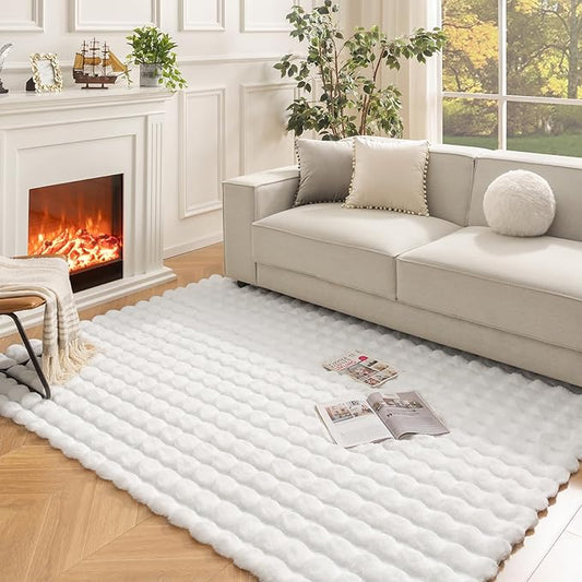 Ashler Faux Rabbit Fur Rug, White 5x7 FT Fluffy Soft Runner Area Rugs, Rectangle Fuzzy Carpet for Living Room, Bedroom, Machine Washable Shaggy Nursery - 3D Bubble Mat