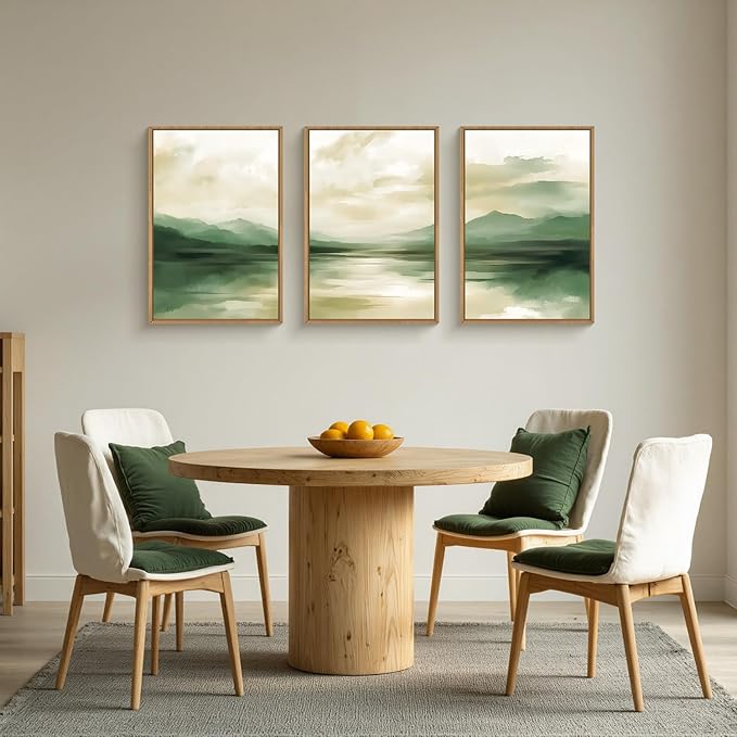 FWIEXA Sage Green Abstract Canvas Wall Art Set of 3, Framed Beige White Mountain Painting, Neutral Watercolor Landscape Prints, Nature Mountains Lake Prints, 16x24In Artwork for Living Room, Bedroom