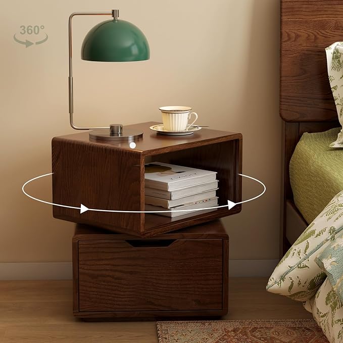 360° Rotatable Solid Oak Nightstand, Mid Century Modern Nightstand with Drawer, Small Swivel Side Table for Small Spaces, Wooden Bedside Tables for Bedroom, Living Room(Walnut,18.43" H)