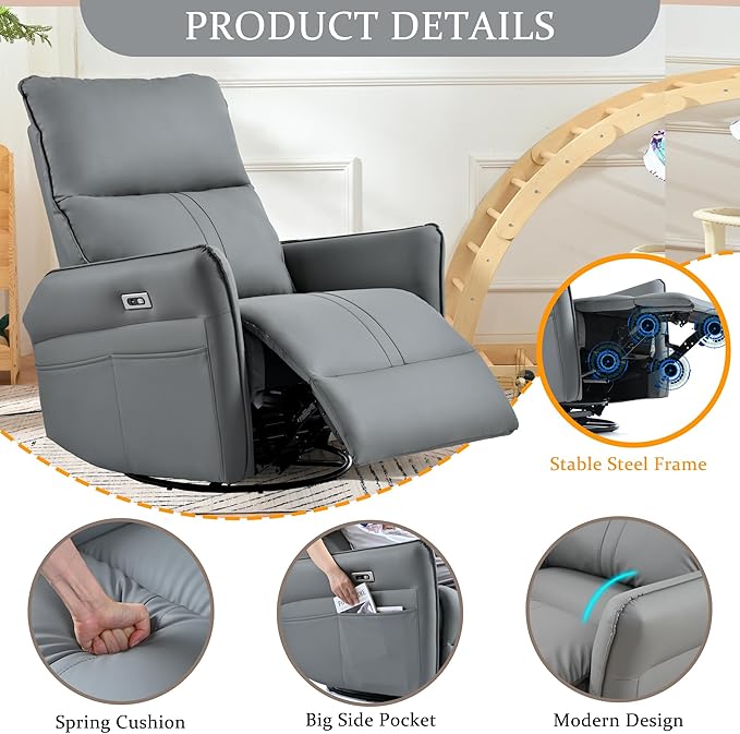 Power Swivel Rocker Recliner Chair for Nursery, Upholstered 270° Swivel Glider Rocker Chair with USB Ports, Small Power Recliners for Small Spaces Living Room