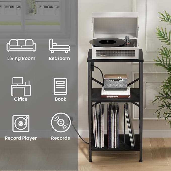 Record Player Stand with Charging Station, 3-Tier End Table with LED Light, Side Table Nightstand for Vinyl Storage,Tall Beside Tables Turntable Stand Living Room, Bedroom, Black