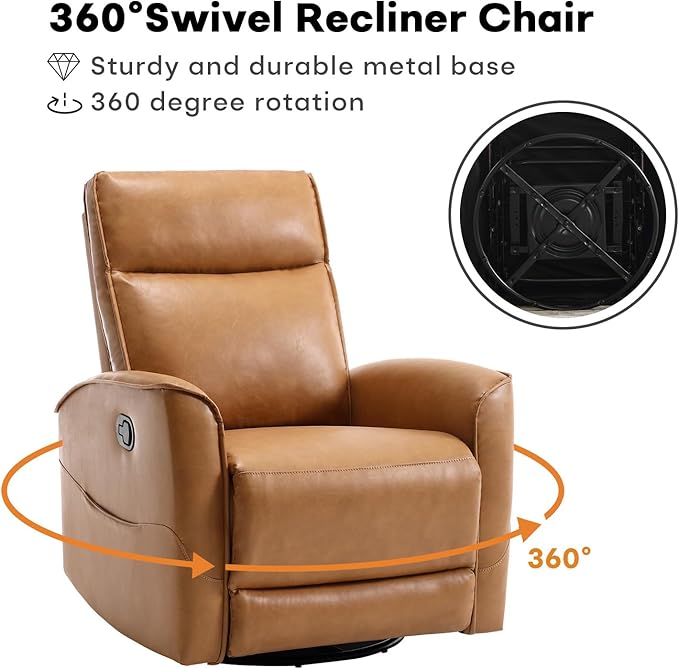 Swivel Rocker Recliner Chair, Manual Faux Leather Glider Rocking Recliners for Adults, 360° Swivel Nursery Reclining Sofa with Storage Pocket
