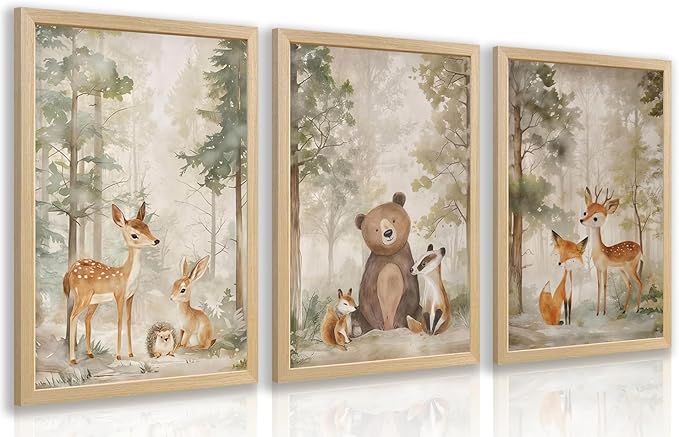 LLEEMPI Woodland Nursery Wall Decor Set of 3, Cute Forest Animal Wall Art, Bear Fox Deer Watercolor Canvas Prints, Vintage Nature Poster Prints for Kids Bedroom Bathroom Playroom Wood Framed 12x16 Inch