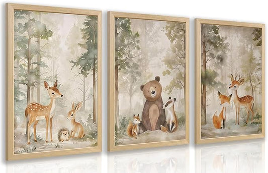 LLEEMPI Woodland Nursery Wall Decor Set of 3, Cute Forest Animal Wall Art, Bear Fox Deer Watercolor Canvas Prints, Vintage Nature Poster Prints for Kids Bedroom Bathroom Playroom Wood Framed 12x16 Inch