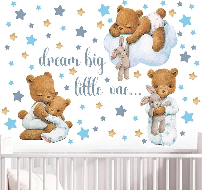 Blue Bear Wall Decals, Baby Boy Room Rabbit Wall Decor, Animal Stickers for Kids Playroom, Toddler Bedroom and Nursery Decoration, Removable Vinyl Decals, Peel and Stick, Moon, Stars.