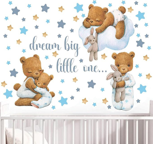 Blue Bear Wall Decals, Baby Boy Room Rabbit Wall Decor, Animal Stickers for Kids Playroom, Toddler Bedroom and Nursery Decoration, Removable Vinyl Decals, Peel and Stick, Moon, Stars.