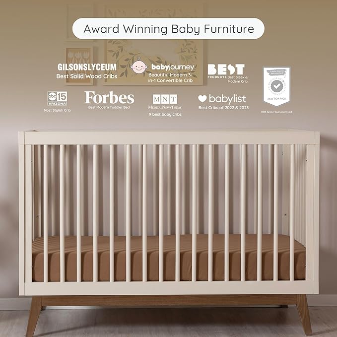 dadada Baby Soho 3 in 1 Convertible Wooden Crib to Toddler Bed - Made in Italy, GREENGUARD Gold Certified, Baby-Safe Finish, Sustainable Beech Wood, Modern Design, 3 Adjustable Heights (Almond Milk)